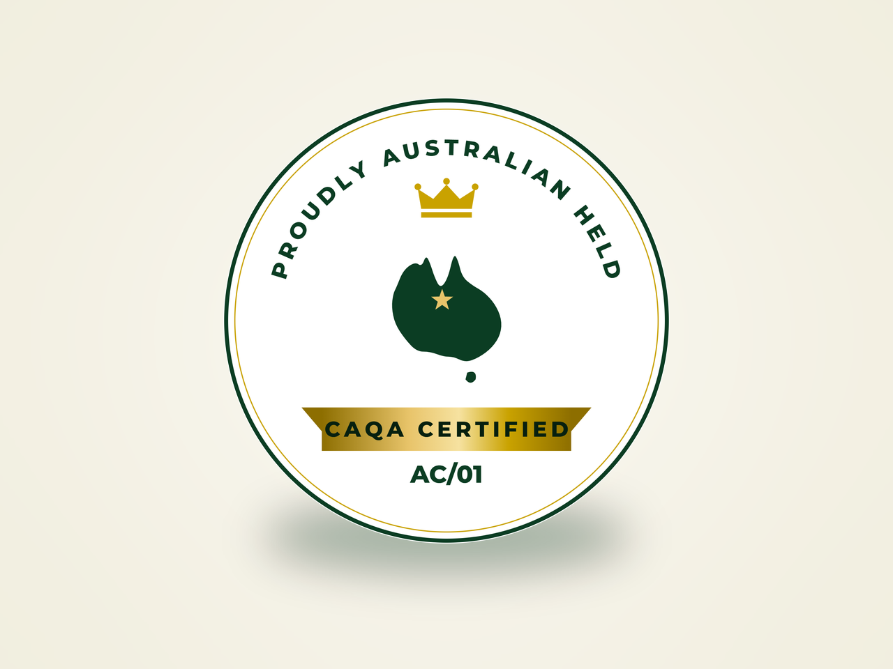 CAQA Certified embossed seal medallion - deep green ring, mint centre and shield check